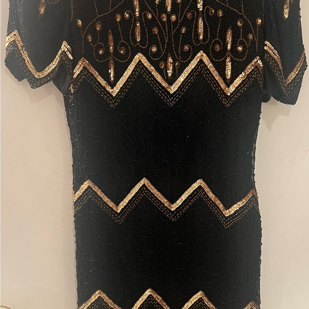 VINTAGE Size M LAWRENCE KAZAR black gold sequin cocktail dress with slit - Picture 6 of 16